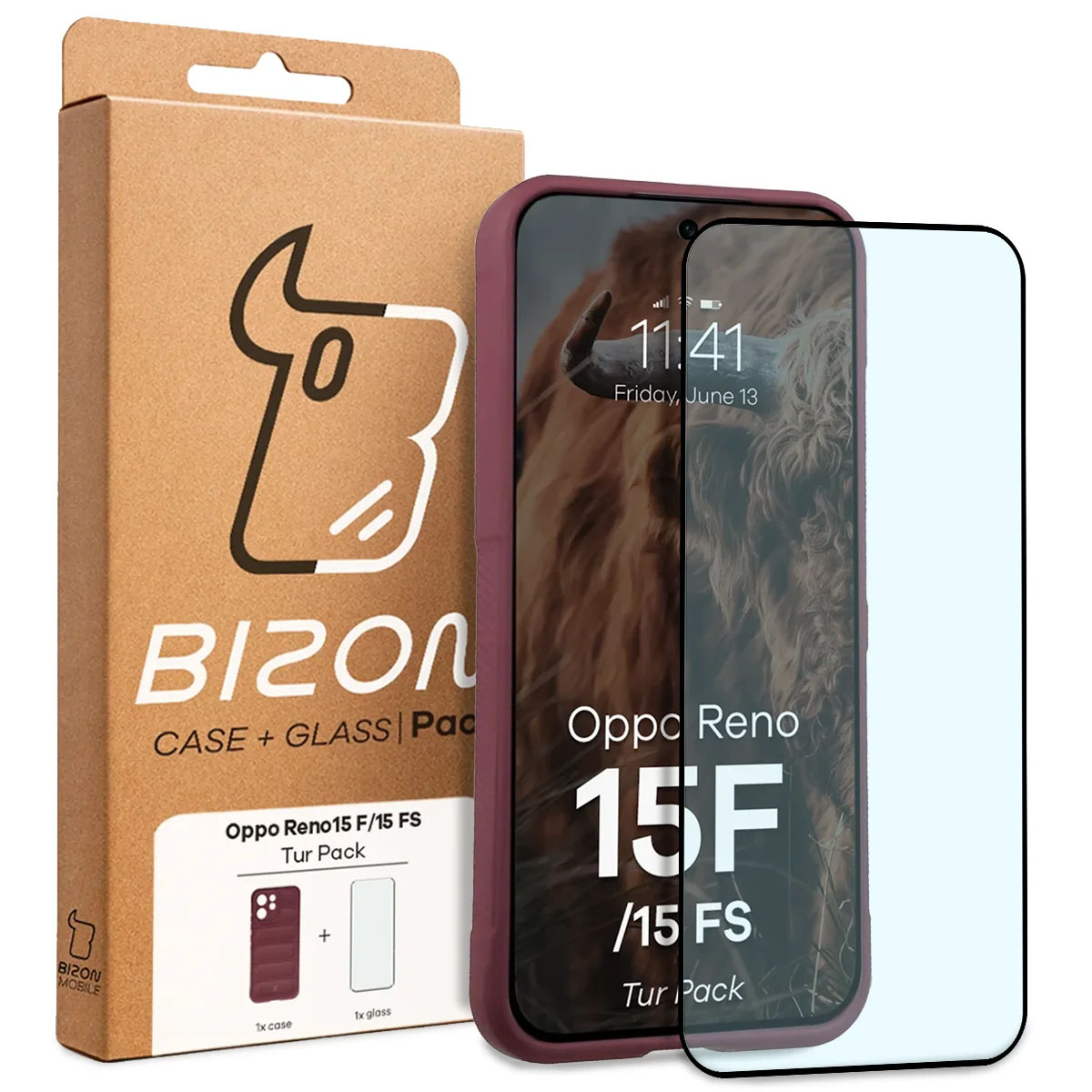 Przód pudełka Bizon Tur Pack z dedykowaną etykietą do Oppo Reno 15 F / Oppo Reno 15 FS