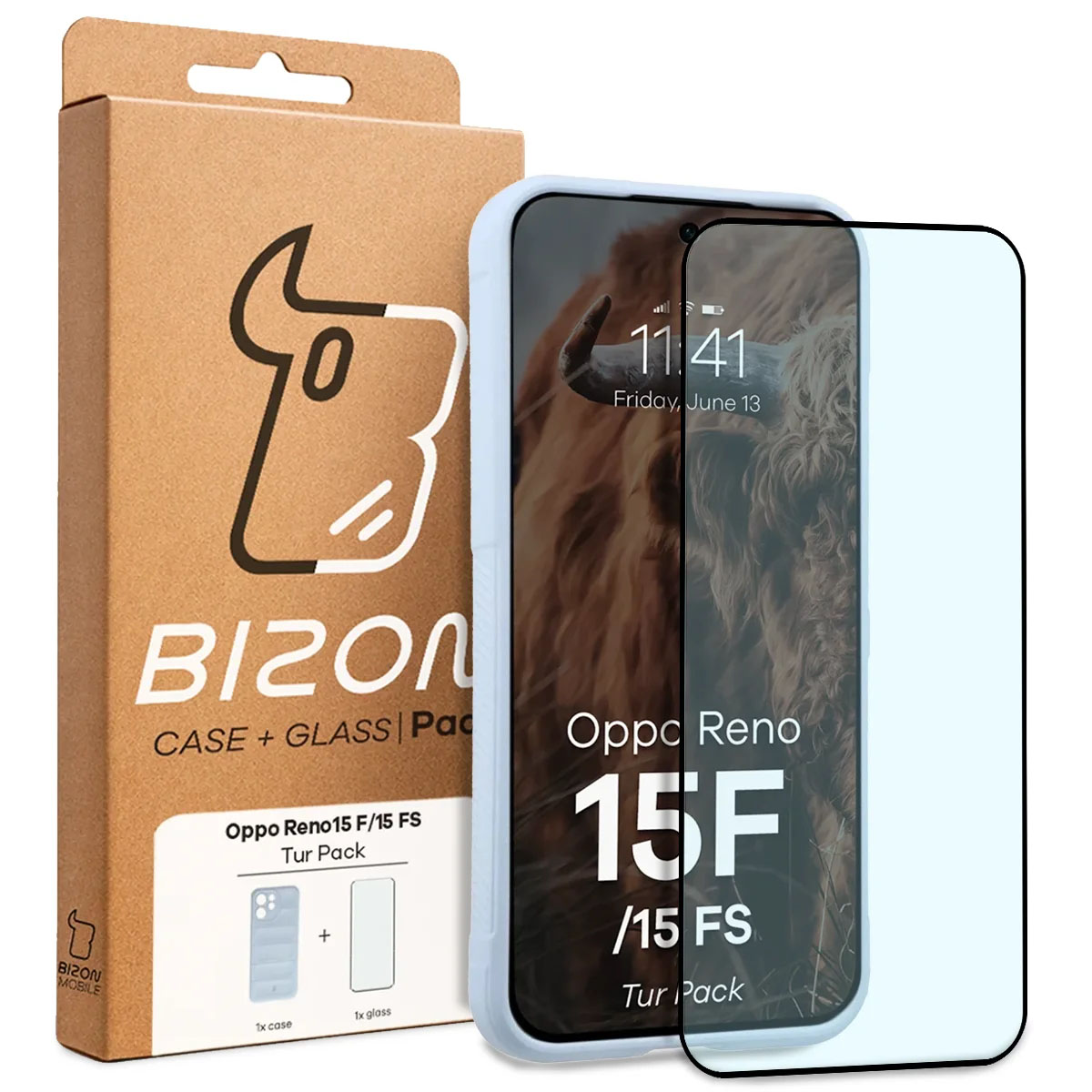 Przód pudełka Bizon Tur Pack z dedykowaną etykietą do Oppo Reno 15 F / Oppo Reno 15 FS