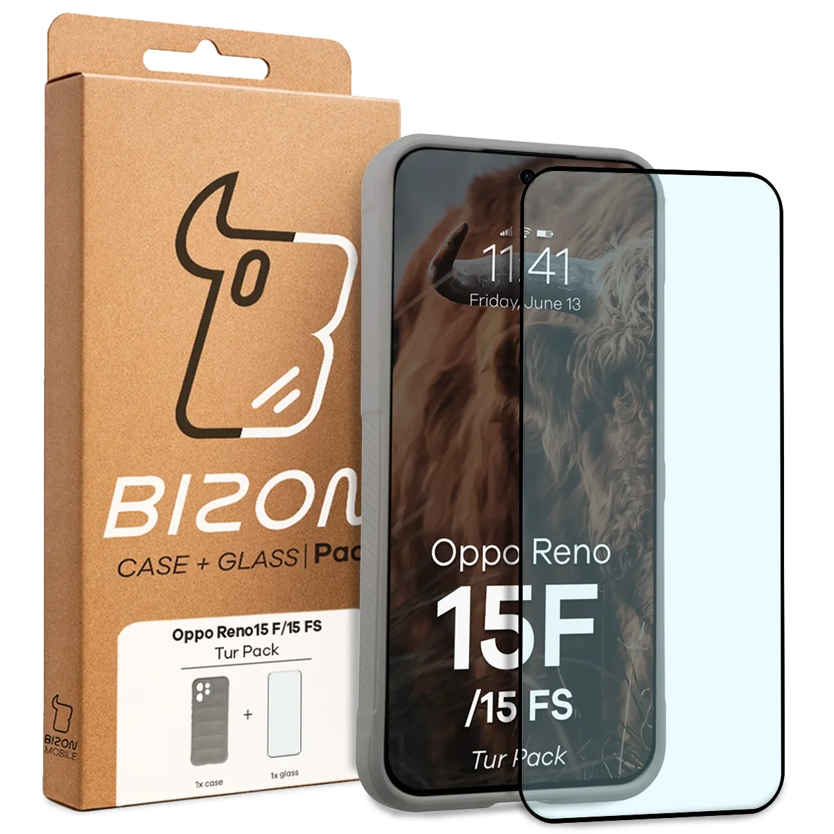 Przód pudełka Bizon Tur Pack z dedykowaną etykietą do Oppo Reno 15 F / Oppo Reno 15 FS
