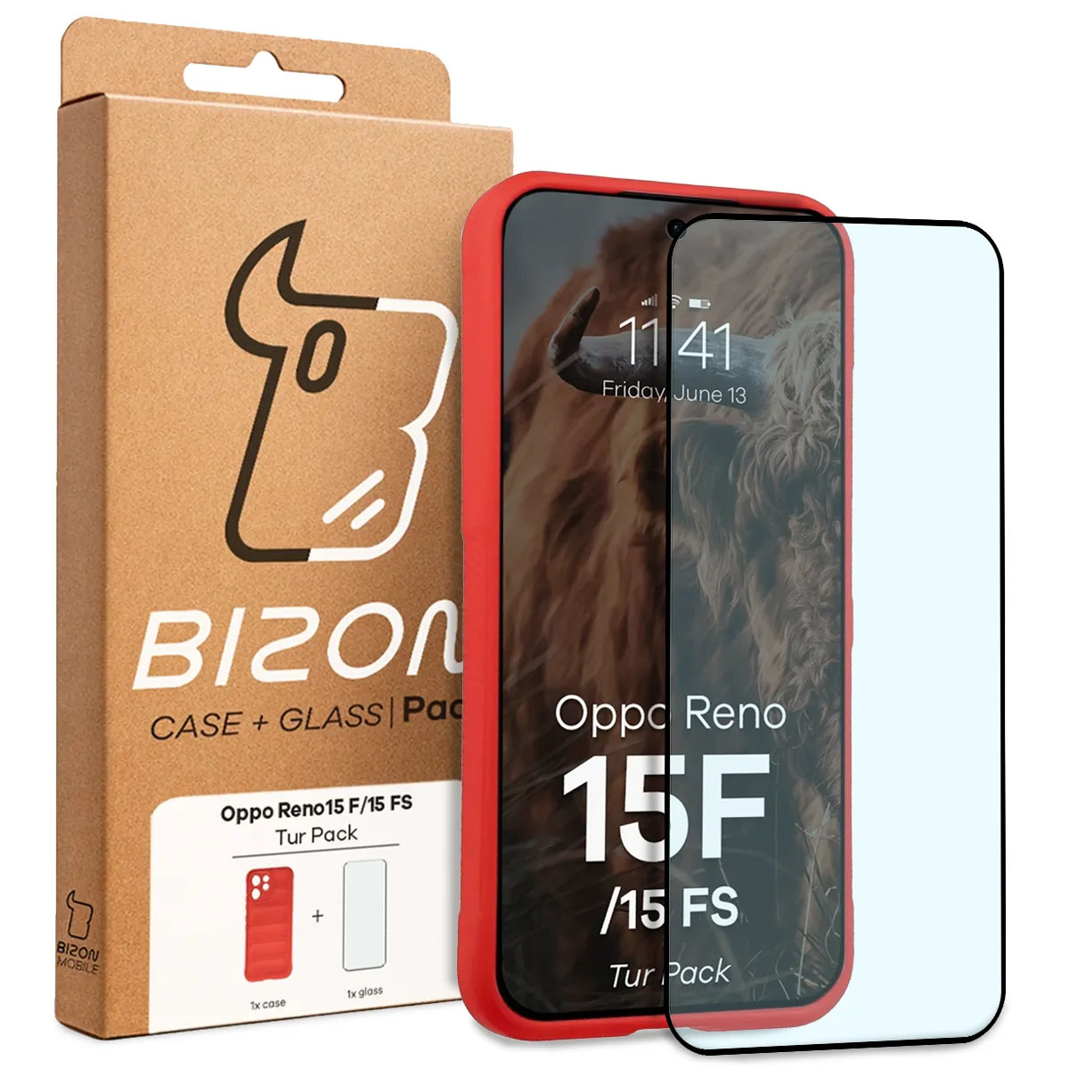 Przód pudełka Bizon Tur Pack z dedykowaną etykietą do Oppo Reno 15 F / Oppo Reno 15 FS