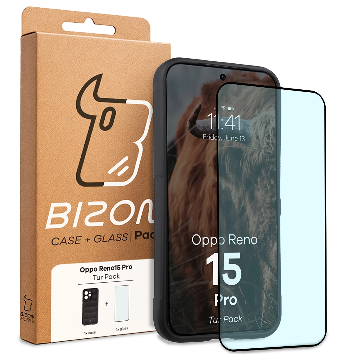 Przód pudełka Bizon Tur Pack z dedykowaną etykietą do Oppo Reno 15 Pro