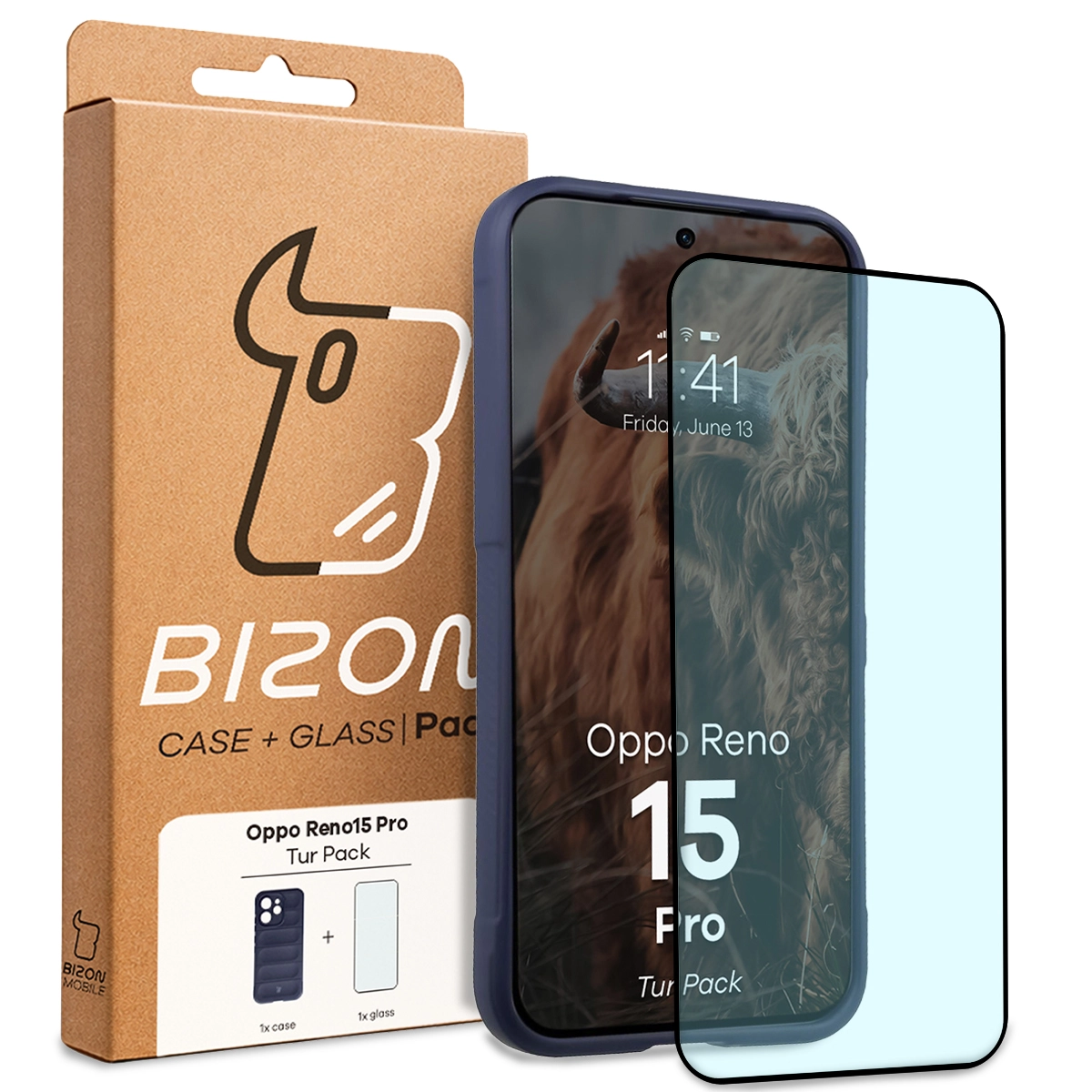 Przód pudełka Bizon Tur Pack z dedykowaną etykietą do Oppo Reno 15 Pro