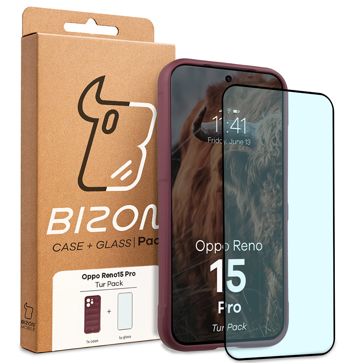 Przód pudełka Bizon Tur Pack z dedykowaną etykietą do Oppo Reno 15 Pro