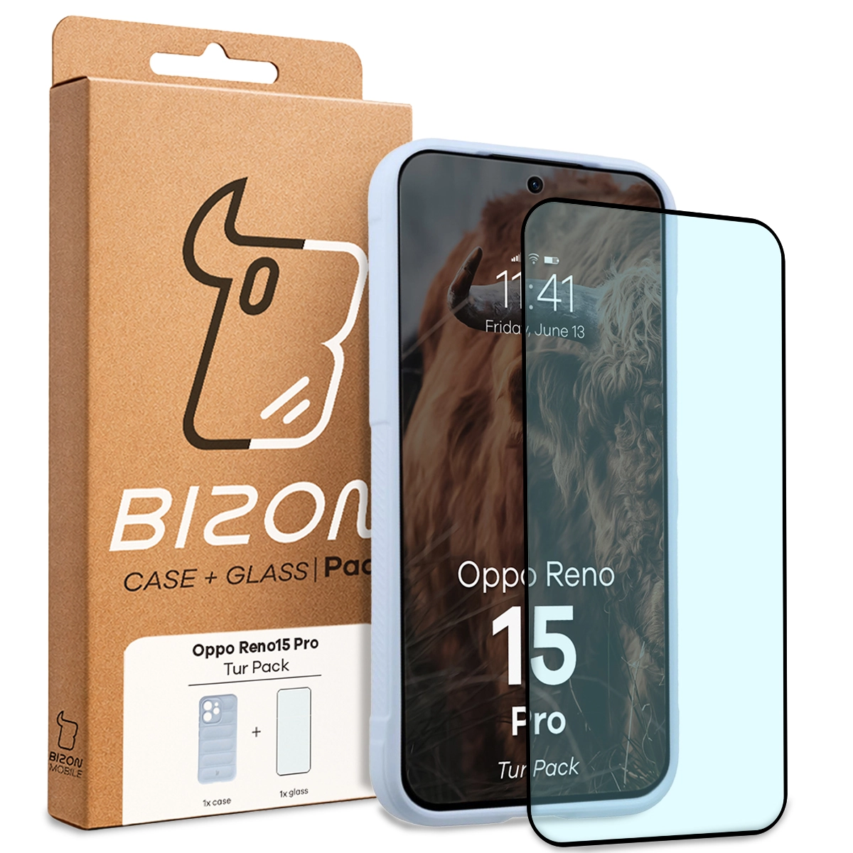 Przód pudełka Bizon Tur Pack z dedykowaną etykietą do Oppo Reno 15 Pro