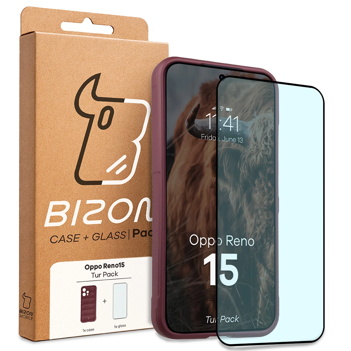 Przód pudełka Bizon Tur Pack z dedykowaną etykietą do Oppo Reno 15