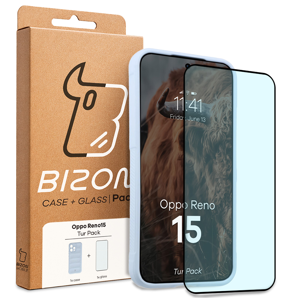 Przód pudełka Bizon Tur Pack z dedykowaną etykietą do Oppo Reno 15