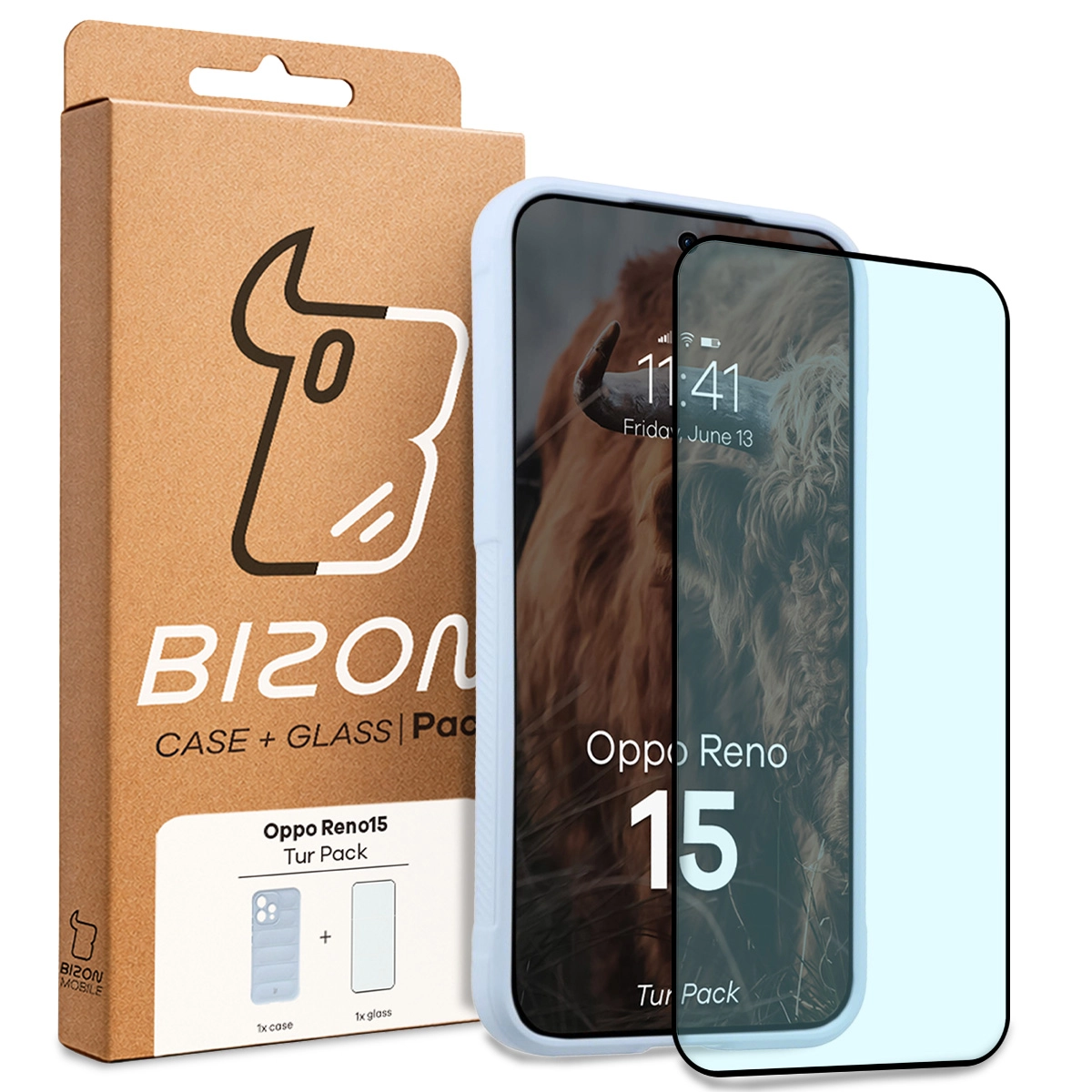 Przód pudełka Bizon Tur Pack z dedykowaną etykietą do Oppo Reno 15