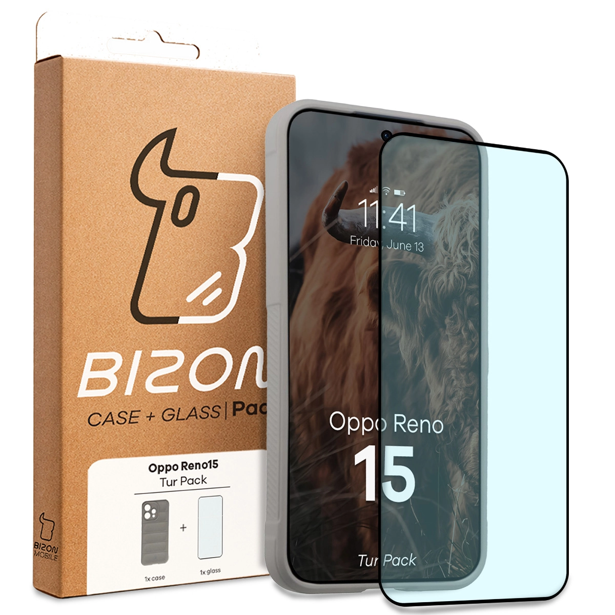 Przód pudełka Bizon Tur Pack z dedykowaną etykietą do Oppo Reno 15