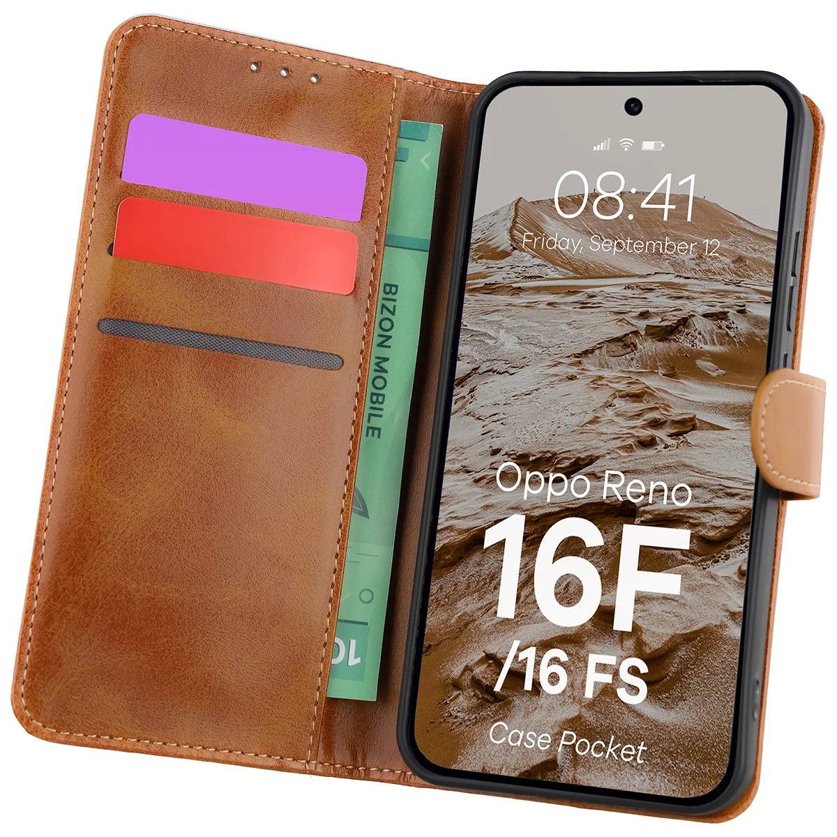 Etui z klapką z miejscem na karty Bizon Case Pocket do Oppo Reno16 F / Reno16 FS 5G
