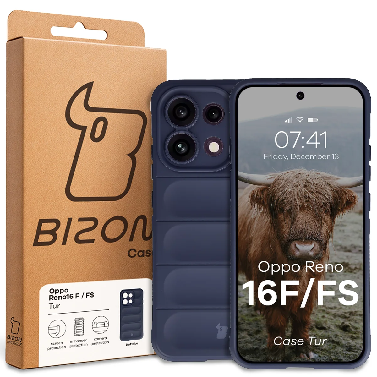 Przód pudełka Bizon Case z dedykowaną etykietą do Oppo Reno16 F / Reno16 FS 5G
