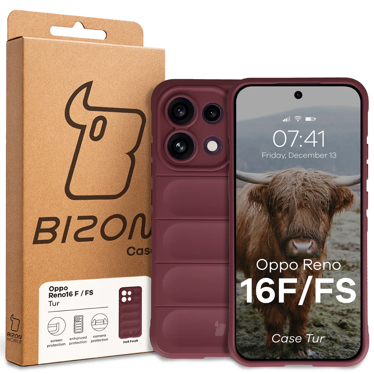 Przód pudełka Bizon Case z dedykowaną etykietą do Oppo Reno16 F / Reno16 FS 5G