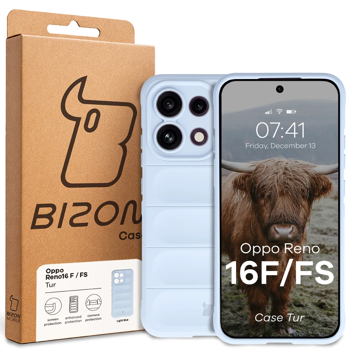 Przód pudełka Bizon Case z dedykowaną etykietą do Oppo Reno16 F / Reno16 FS 5G
