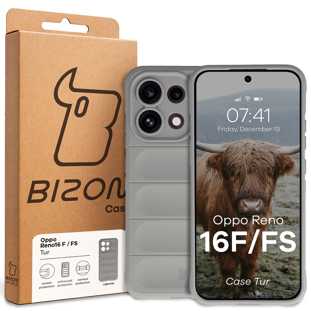 Przód pudełka Bizon Case z dedykowaną etykietą do Oppo Reno16 F / Reno16 FS 5G