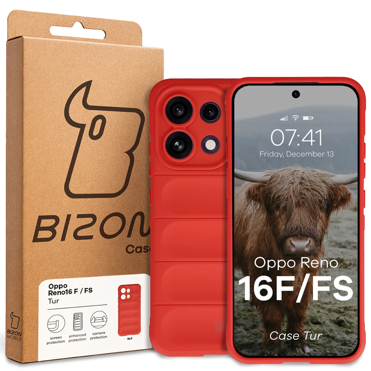Przód pudełka Bizon Case z dedykowaną etykietą do Oppo Reno16 F / Reno16 FS 5G