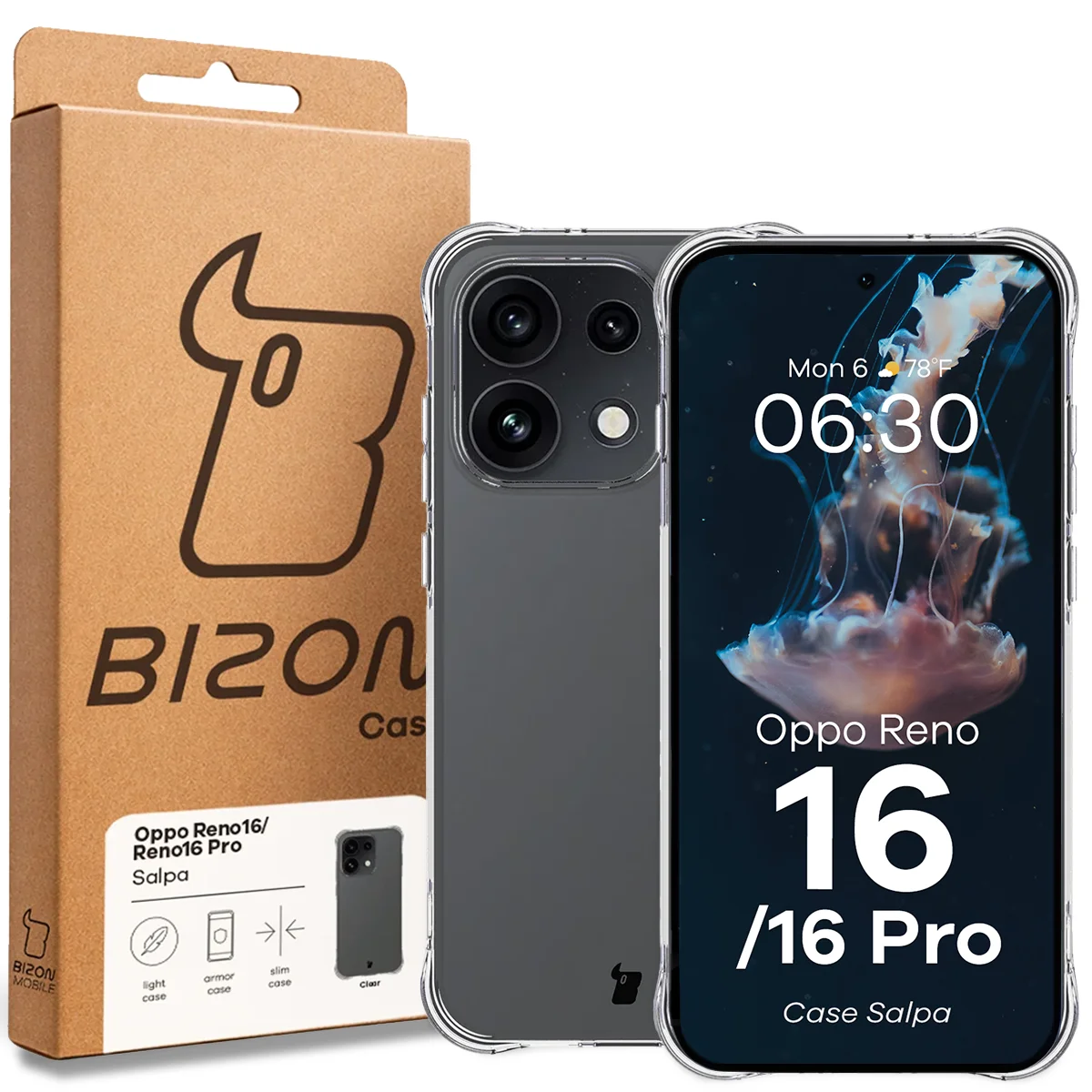 Przód pudełka Bizon Case z dedykowaną etykietą do Oppo Reno16 / Reno16 Pro 5G