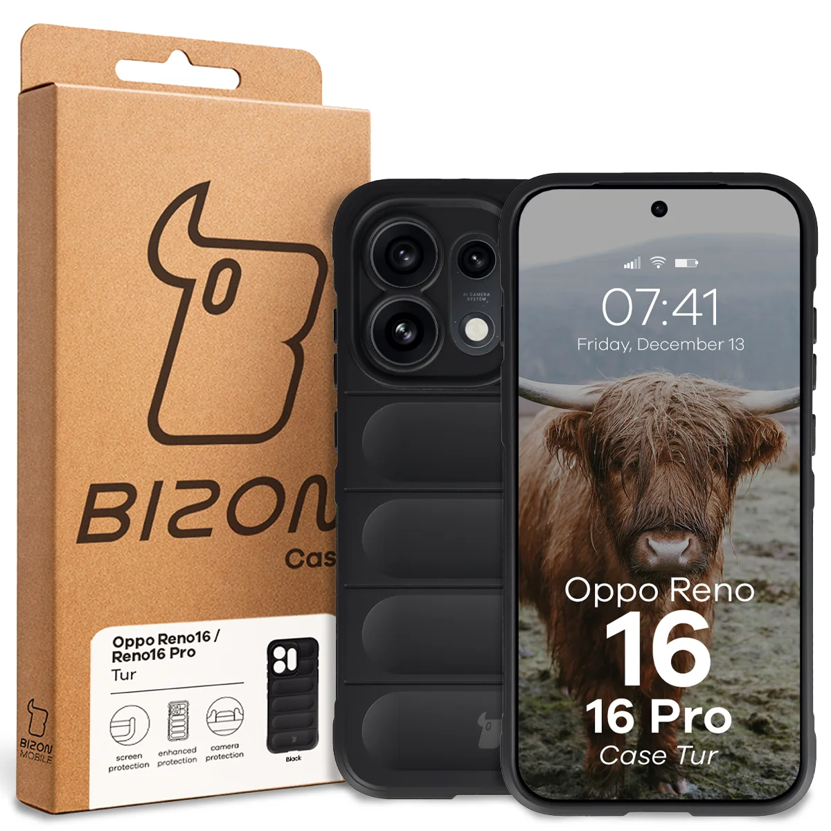 Przód pudełka Bizon Case z dedykowaną etykietą do Oppo Reno16 / Reno16 Pro 5G