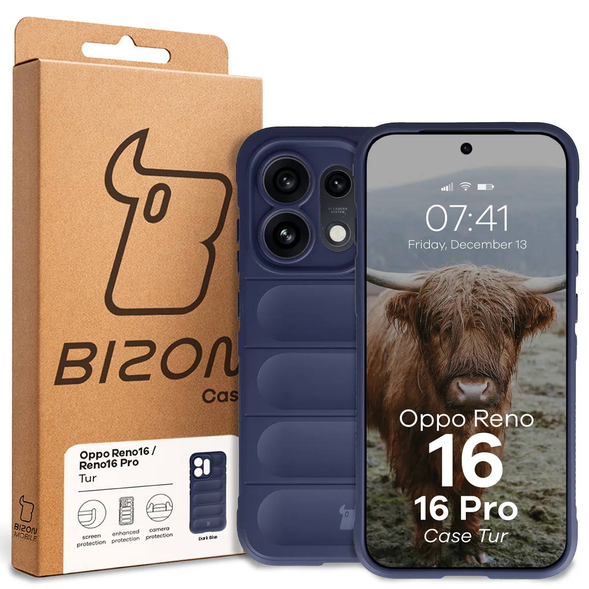 Przód pudełka Bizon Case z dedykowaną etykietą do Oppo Reno16 / Reno16 Pro 5G