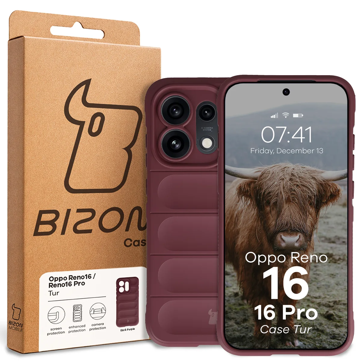 Przód pudełka Bizon Case z dedykowaną etykietą do Oppo Reno16 / Reno16 Pro 5G