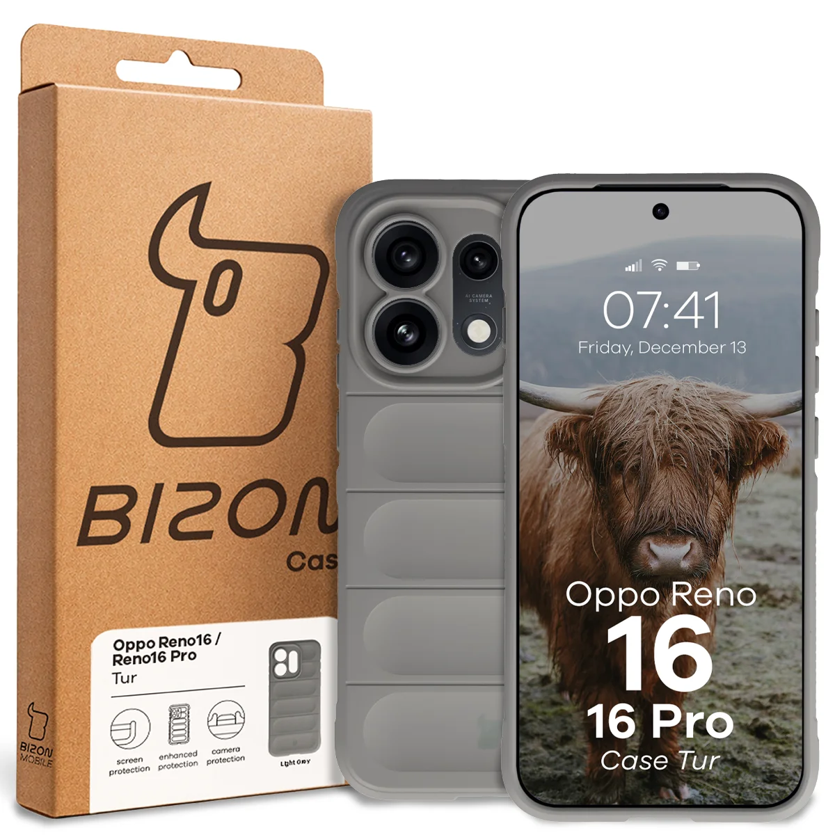 Przód pudełka Bizon Case z dedykowaną etykietą do Oppo Reno16 / Reno16 Pro 5G