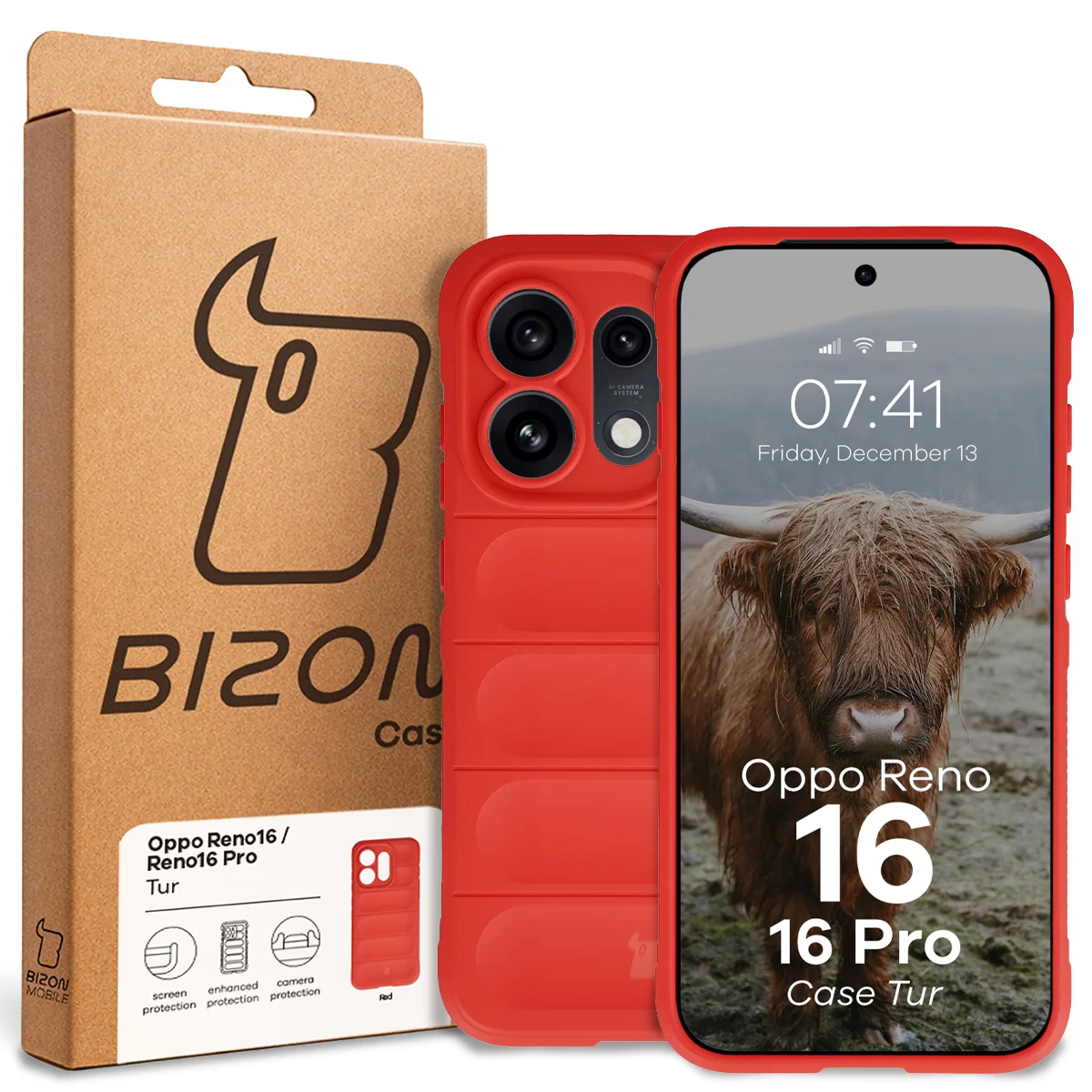 Przód pudełka Bizon Case z dedykowaną etykietą do Oppo Reno16 / Reno16 Pro 5G