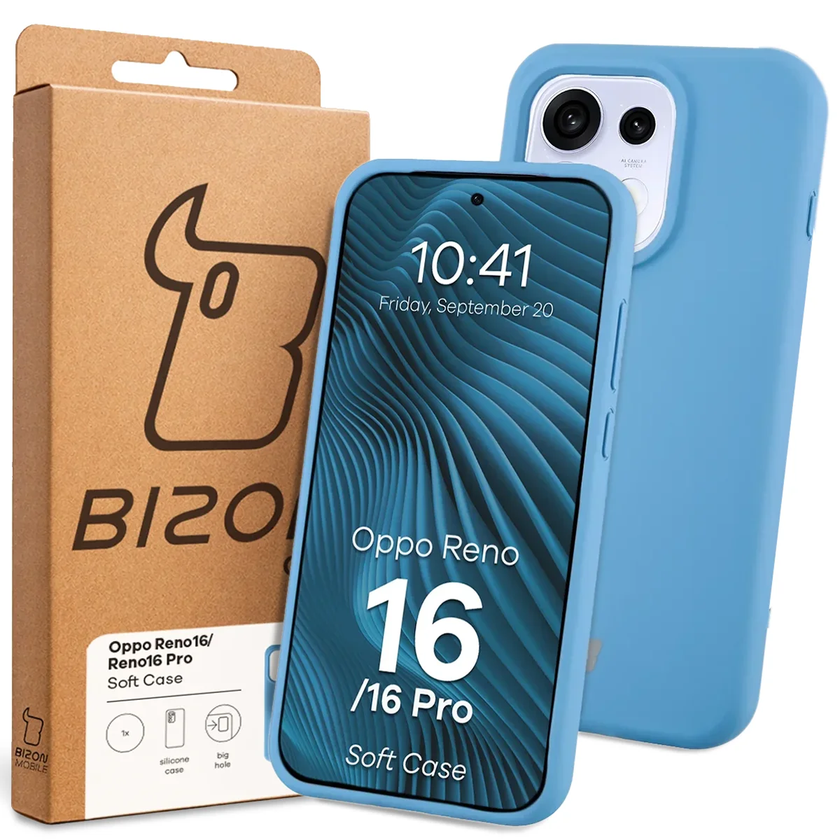 Przód pudełka Bizon Case z dedykowaną etykietą do Oppo Reno16 / Reno16 Pro 5G