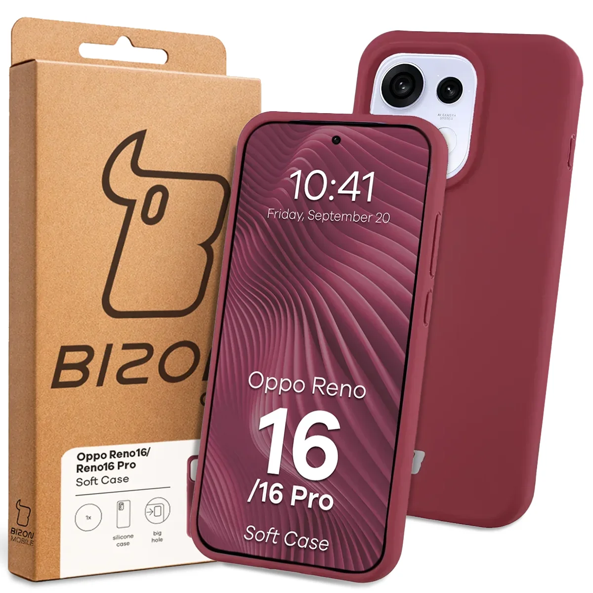 Przód pudełka Bizon Case z dedykowaną etykietą do Oppo Reno16 / Reno16 Pro 5G