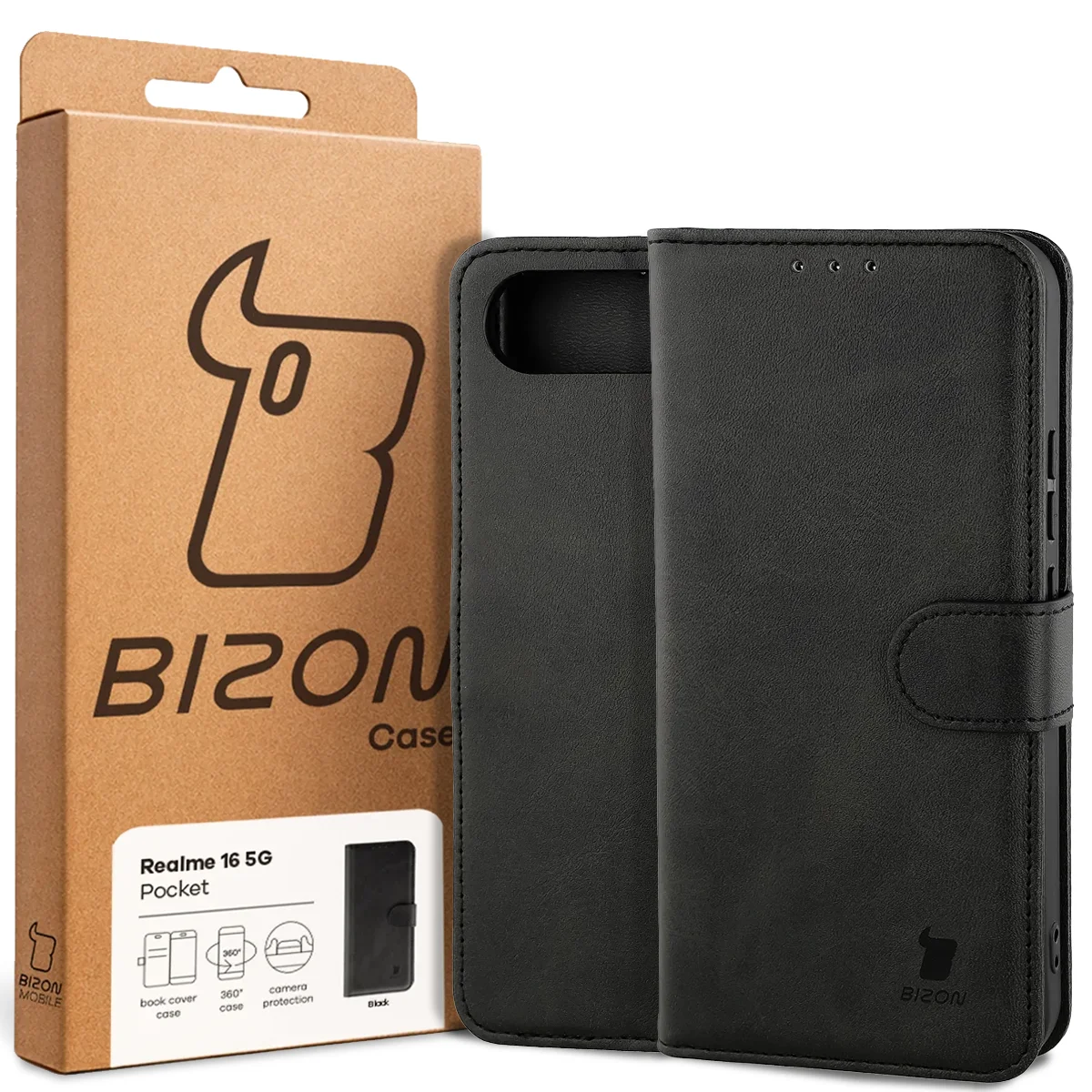 Przód pudełka Bizon Case z dedykowaną etykietą do Realme 16 5G