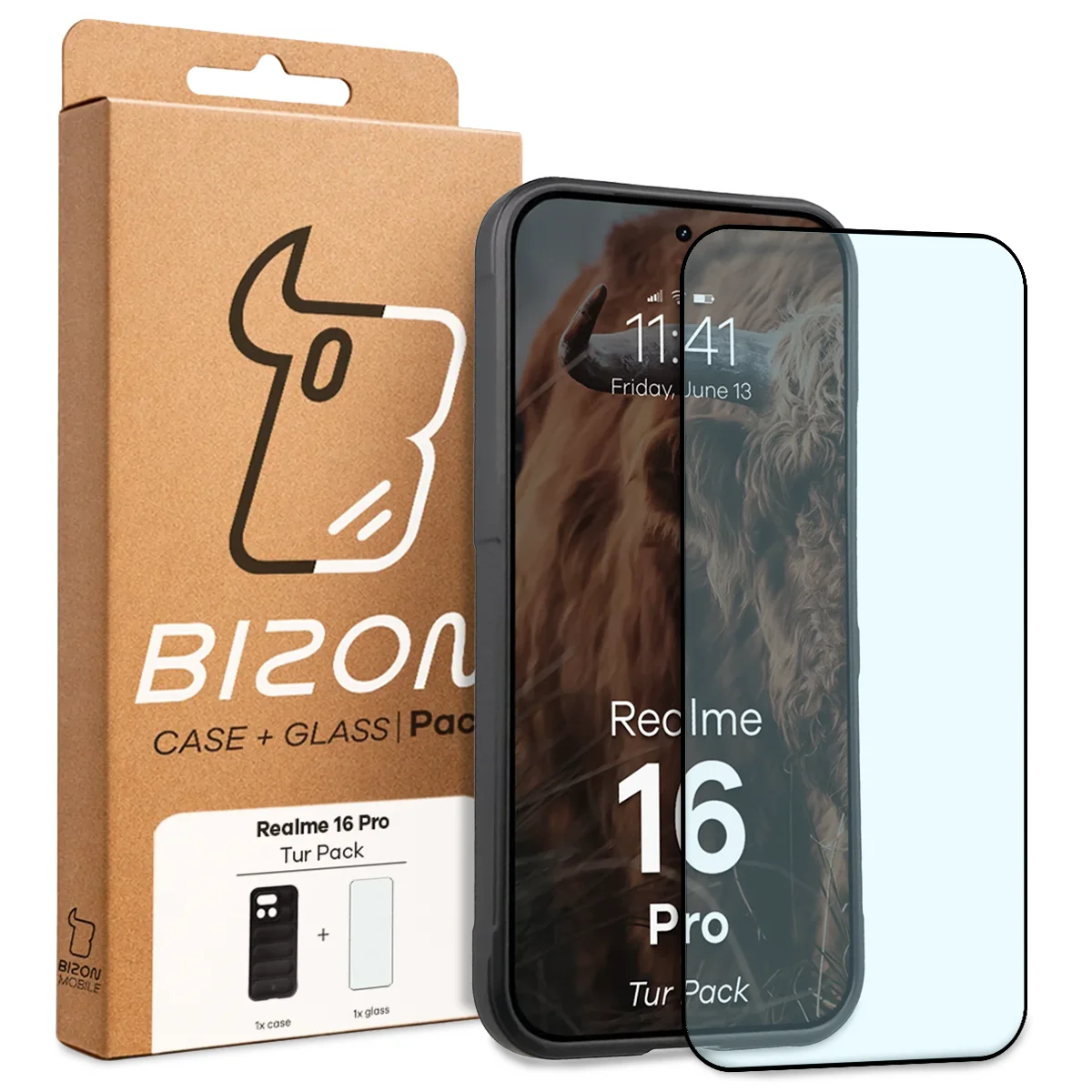 Przód pudełka Bizon Tur Pack z dedykowaną etykietą do Realme 16 Pro 5G