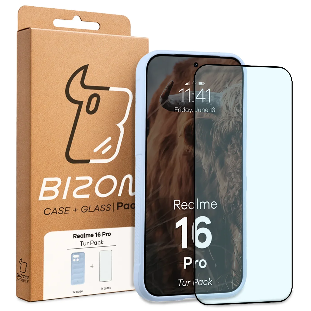 Przód pudełka Bizon Tur Pack z dedykowaną etykietą do Realme 16 Pro 5G