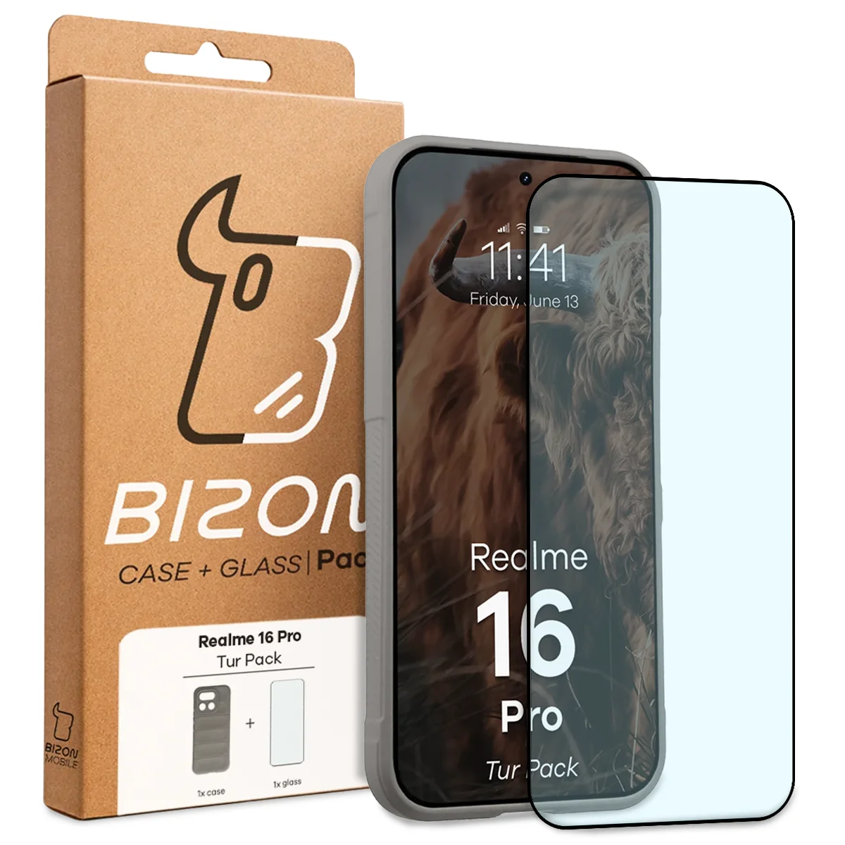 Przód pudełka Bizon Tur Pack z dedykowaną etykietą do Realme 16 Pro 5G