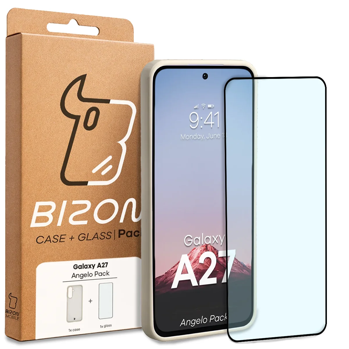 Przód pudełka Bizon Case Angelo Pack z dedykowaną etykietą do Samsung Galaxy A27 5G