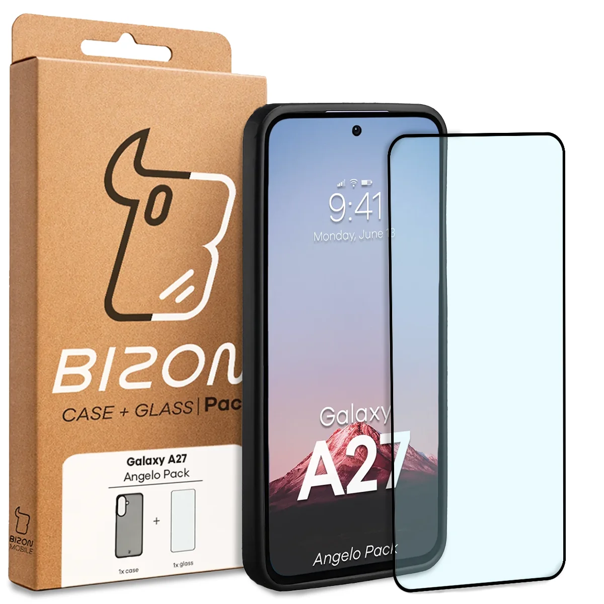 Przód pudełka Bizon Case Angelo Pack z dedykowaną etykietą do Samsung Galaxy A27 5G