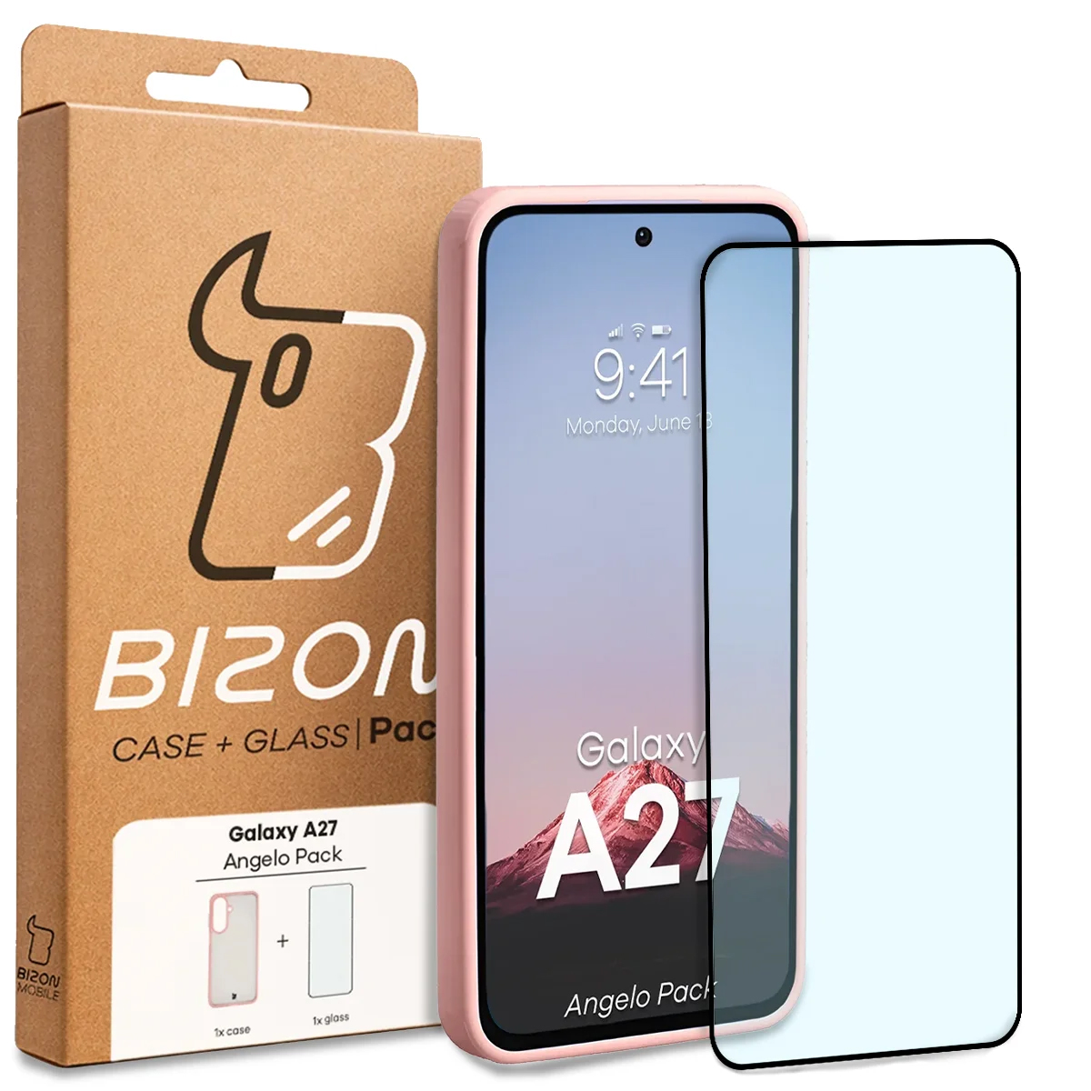 Przód pudełka Bizon Case Angelo Pack z dedykowaną etykietą do Samsung Galaxy A27 5G