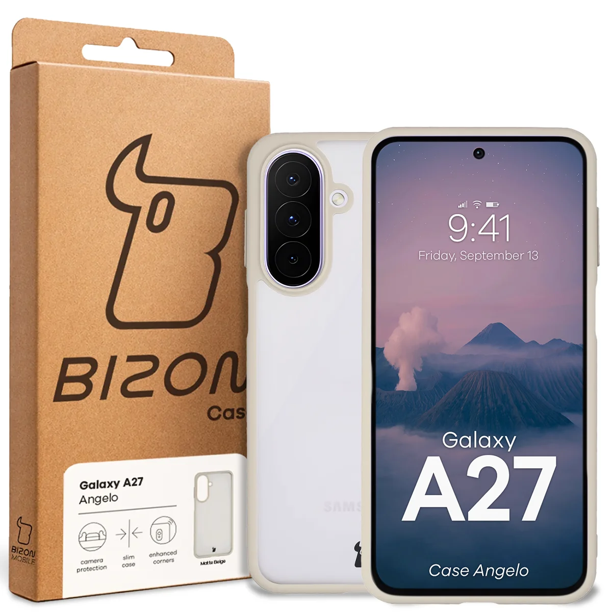 Przód pudełka Bizon Case z dedykowaną etykietą do Samsung Galaxy A27 5G