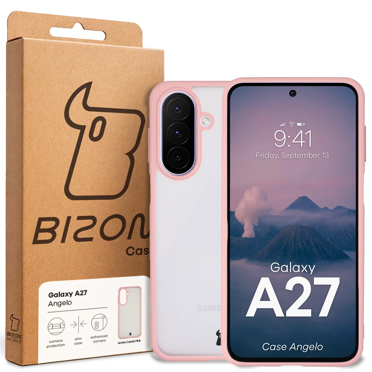 Przód pudełka Bizon Case z dedykowaną etykietą do Samsung Galaxy A27 5G