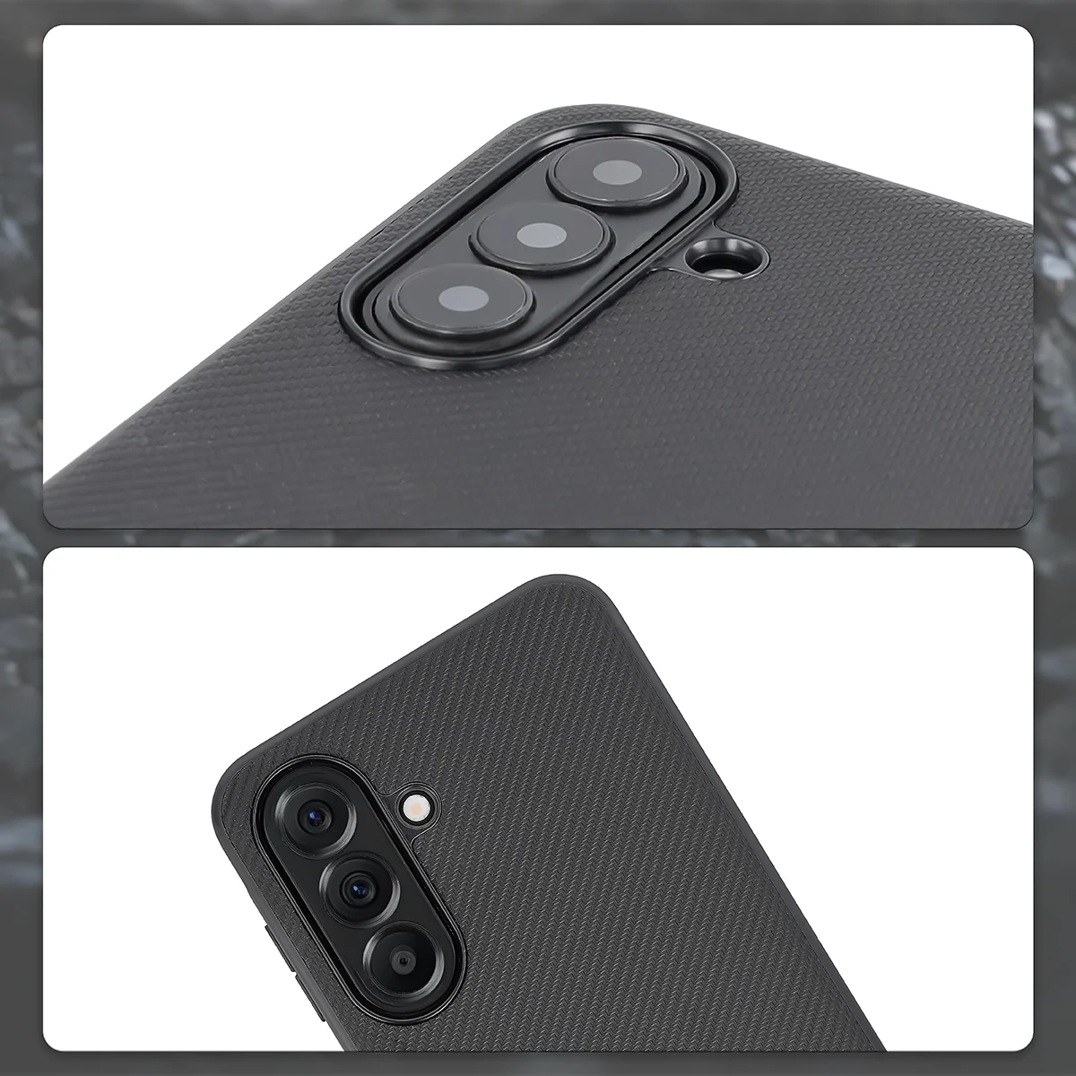Podniesione krawędzie aparatu i wycięcie na aparat w etui Bizon Case CarbO do Samsung Galaxy A27 5G