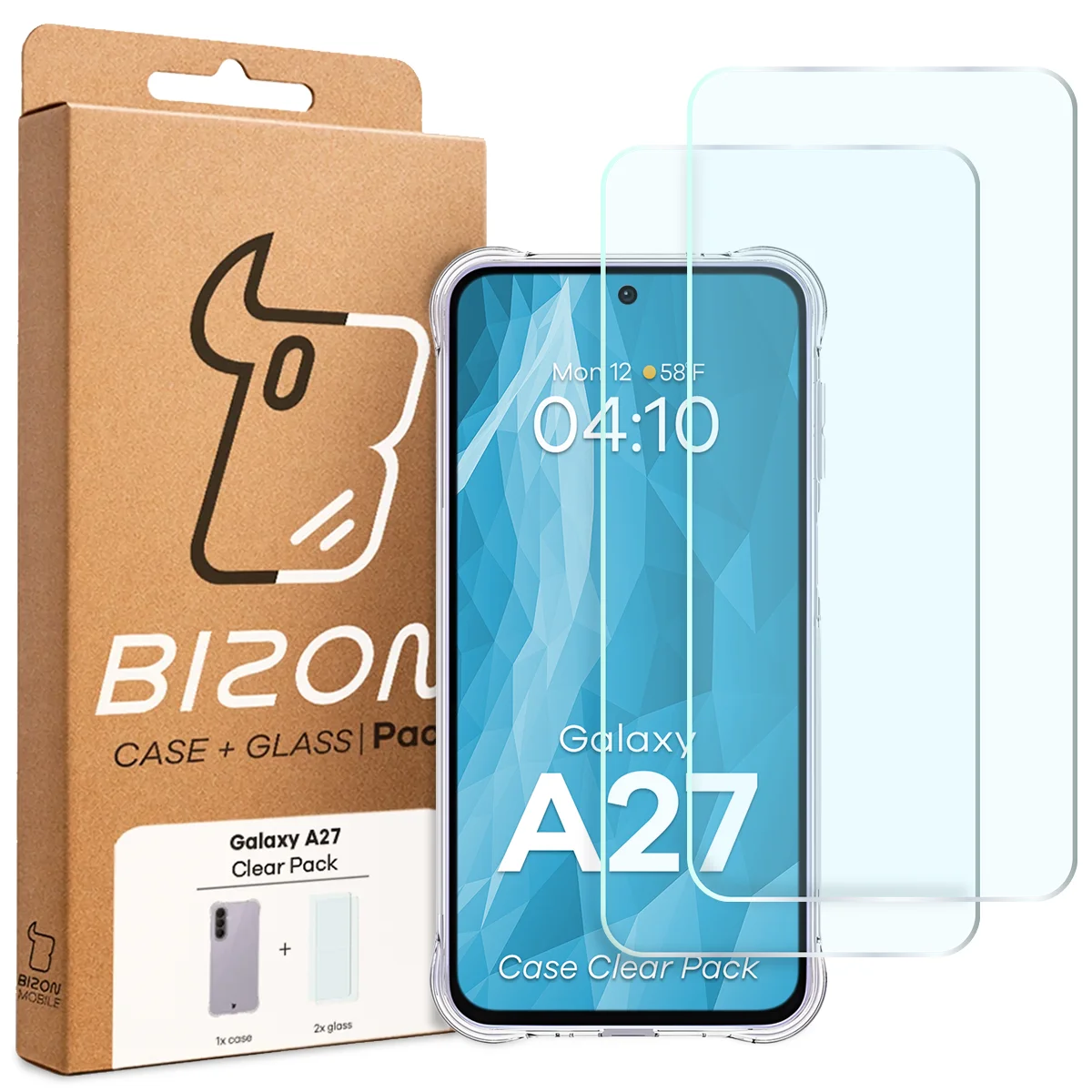 Przód pudełka Bizon Case+Glass z dedykowaną etykietą do Samsung Galaxy A27 5G