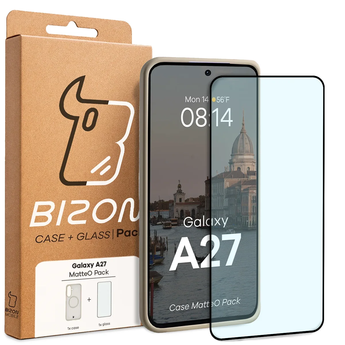 Przód pudełka Bizon Case Matteo Pack z dedykowaną etykietą do Samsung Galaxy A27 5G