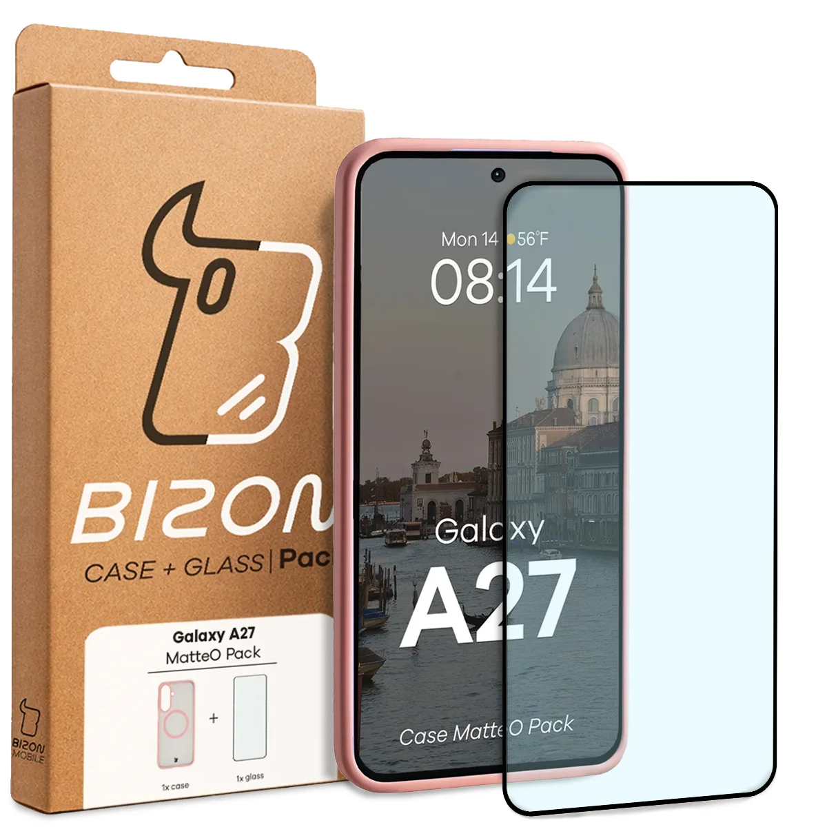 Przód pudełka Bizon Case Matteo Pack z dedykowaną etykietą do Samsung Galaxy A27 5G