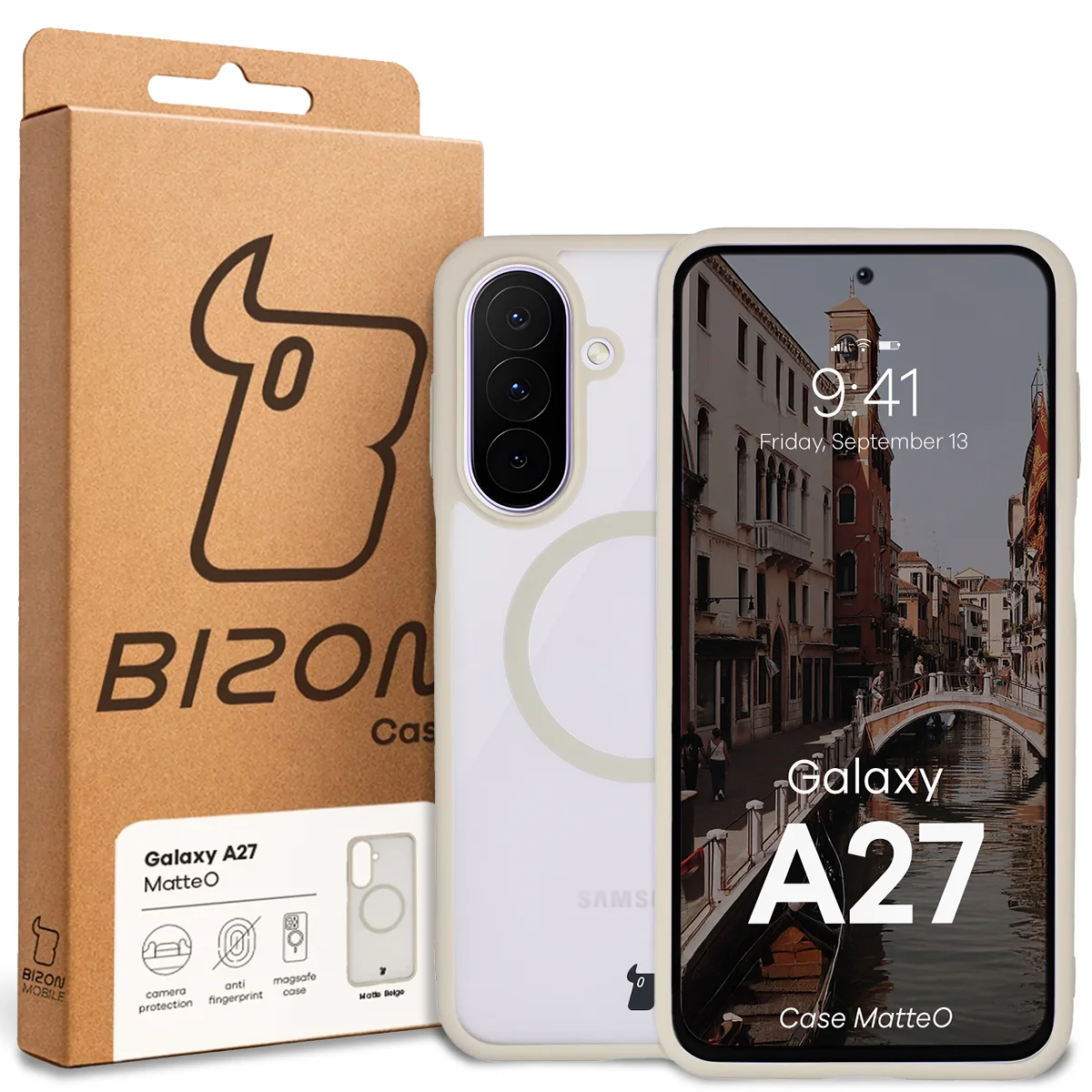Przód pudełka Bizon Case z dedykowaną etykietą do Samsung Galaxy A27 5G