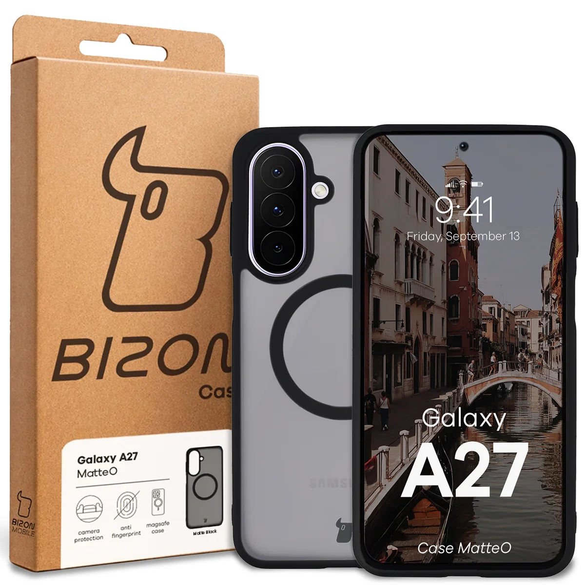 Przód pudełka Bizon Case z dedykowaną etykietą do Samsung Galaxy A27 5G