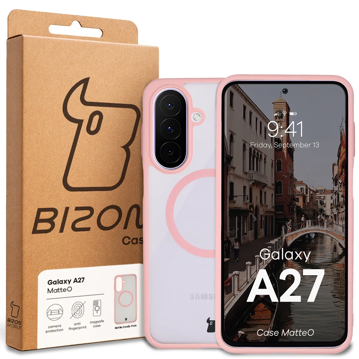 Przód pudełka Bizon Case z dedykowaną etykietą do Samsung Galaxy A27 5G