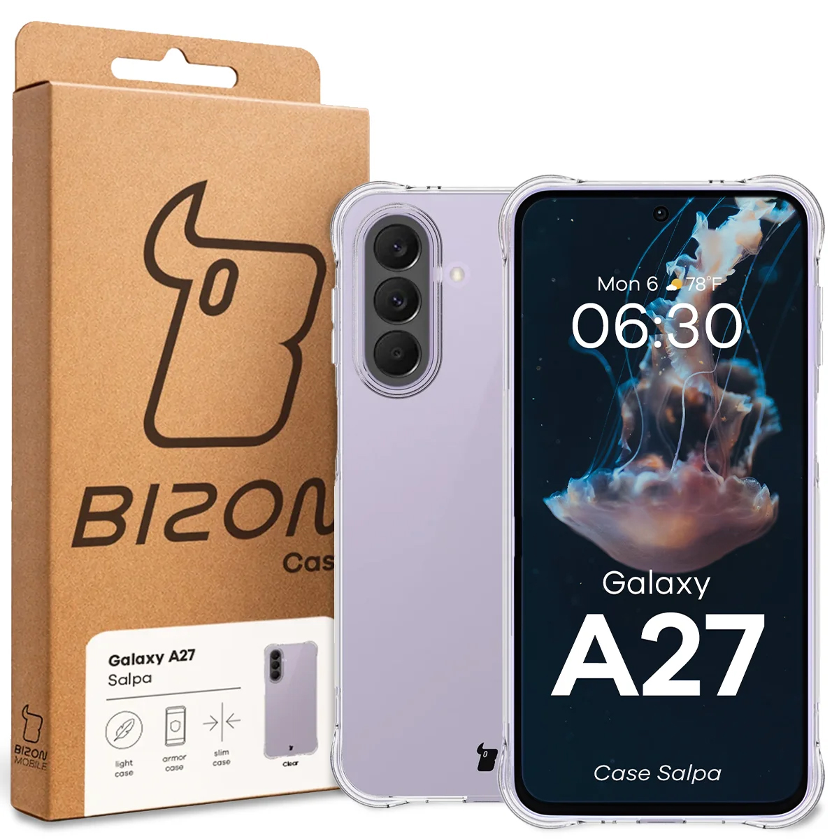Przód pudełka Bizon Case z dedykowaną etykietą do Samsung Galaxy A27 5G