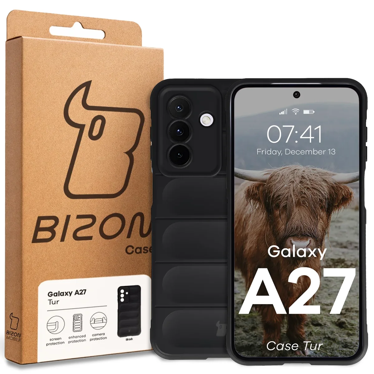 Przód pudełka Bizon Case z dedykowaną etykietą do Samsung Galaxy A27 5G