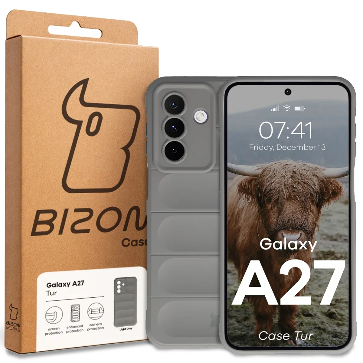 Przód pudełka Bizon Case z dedykowaną etykietą do Samsung Galaxy A27 5G