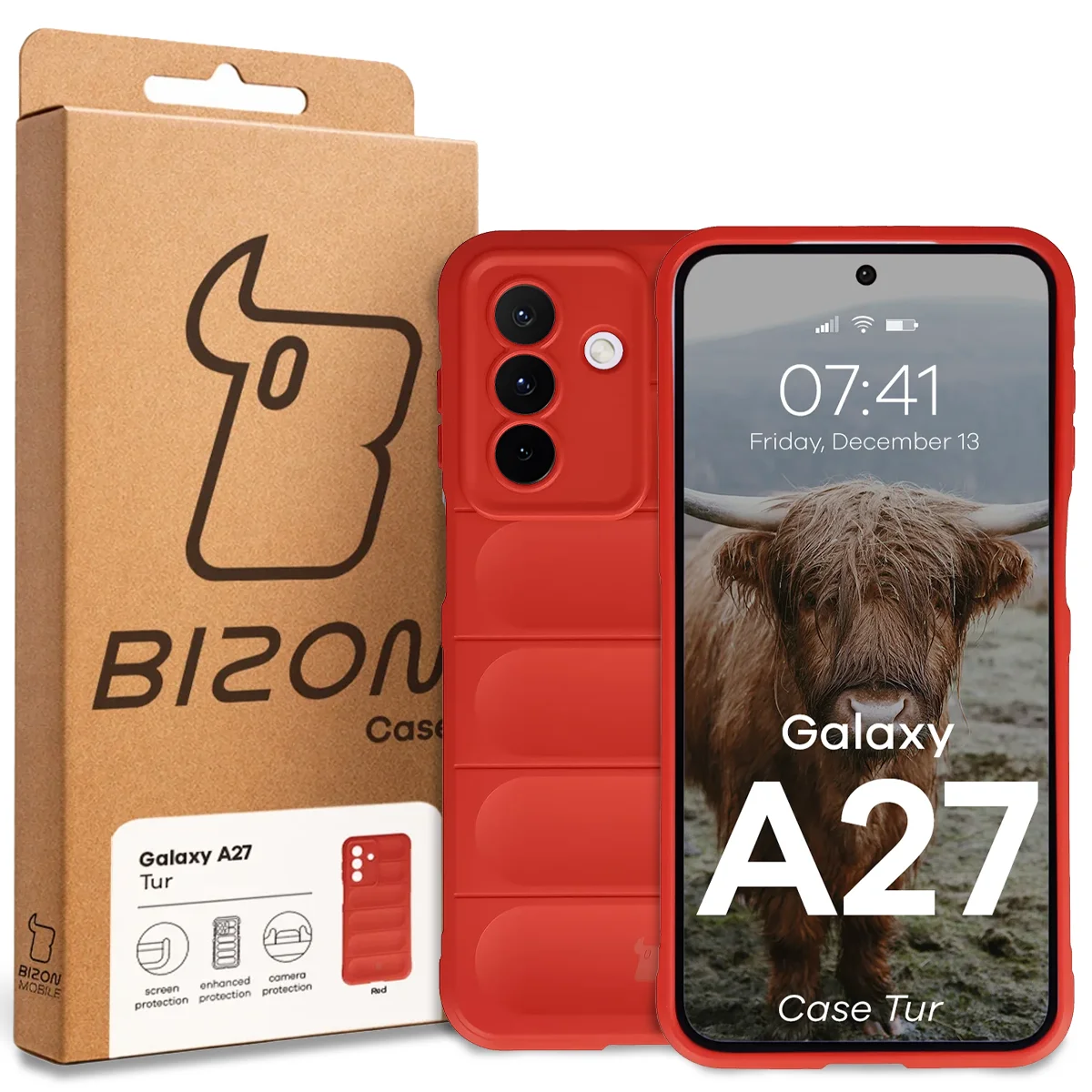 Przód pudełka Bizon Case z dedykowaną etykietą do Samsung Galaxy A27 5G