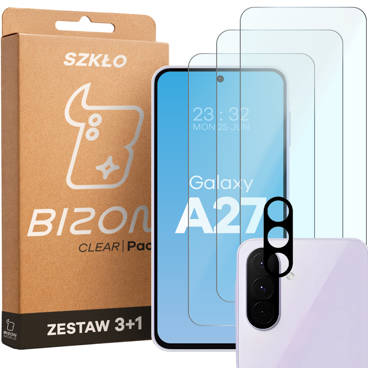 Pudełko i zestaw szkieł do Samsung Galaxy A27 5G: 3x szkło hartowane i lens