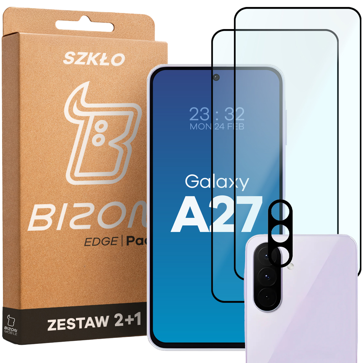 Pudełko i zestaw szkieł do Samsung Galaxy A27 5G: 2x szkło hartowane i lens