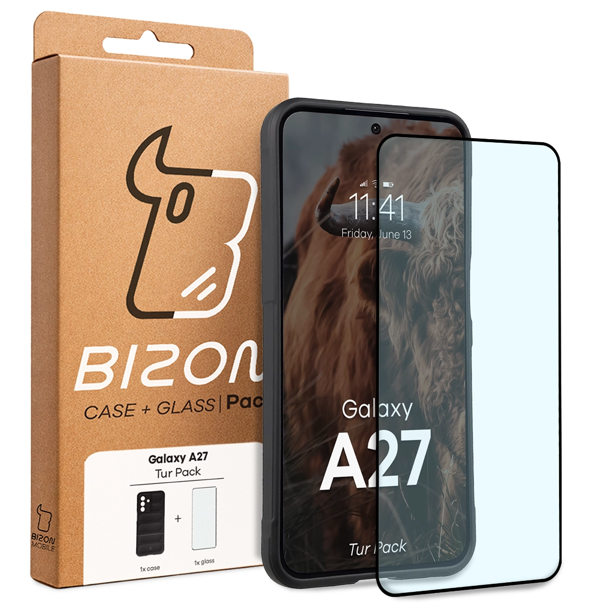 Przód pudełka Bizon Tur Pack z dedykowaną etykietą do Samsung Galaxy A27 5G