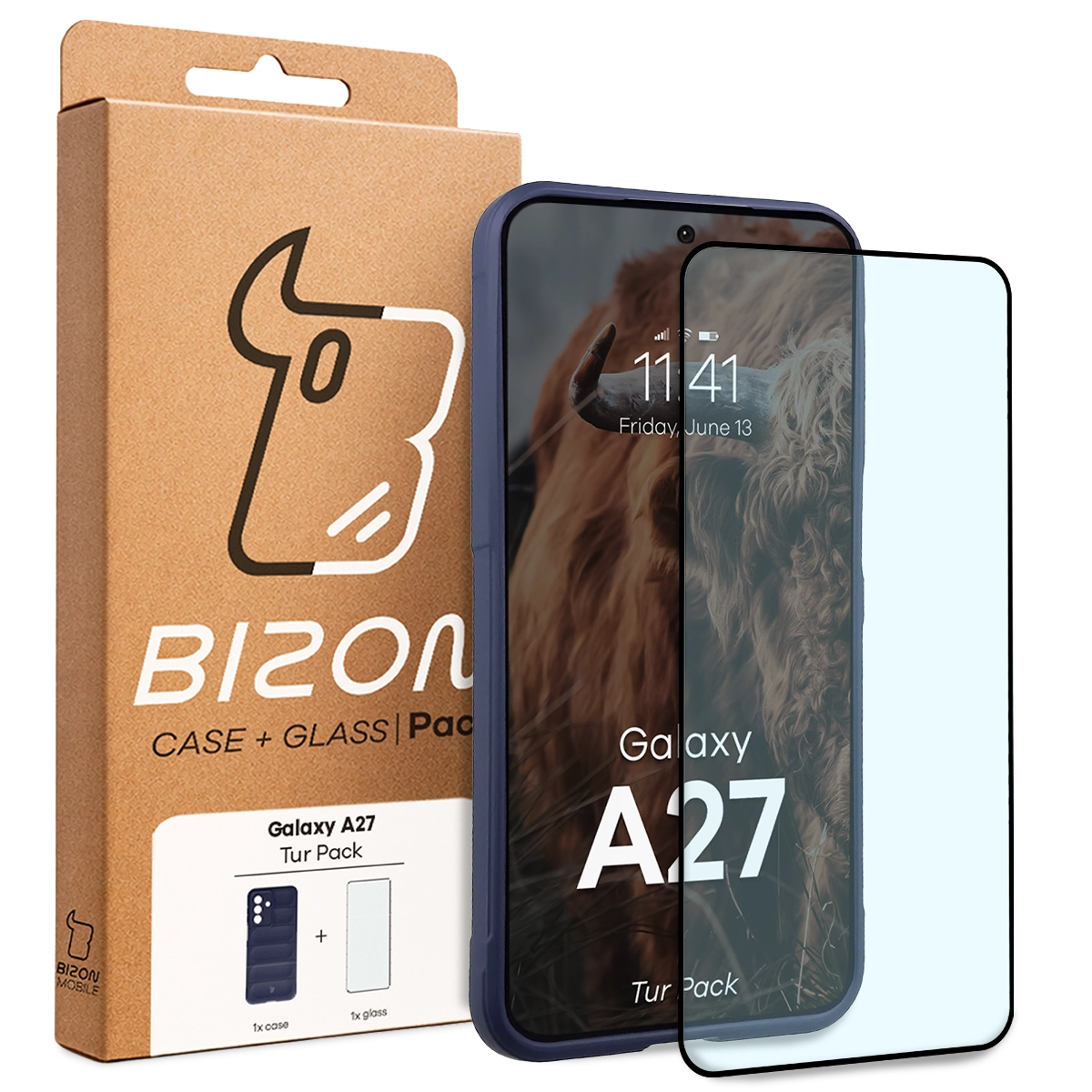 Przód pudełka Bizon Tur Pack z dedykowaną etykietą do Samsung Galaxy A27 5G